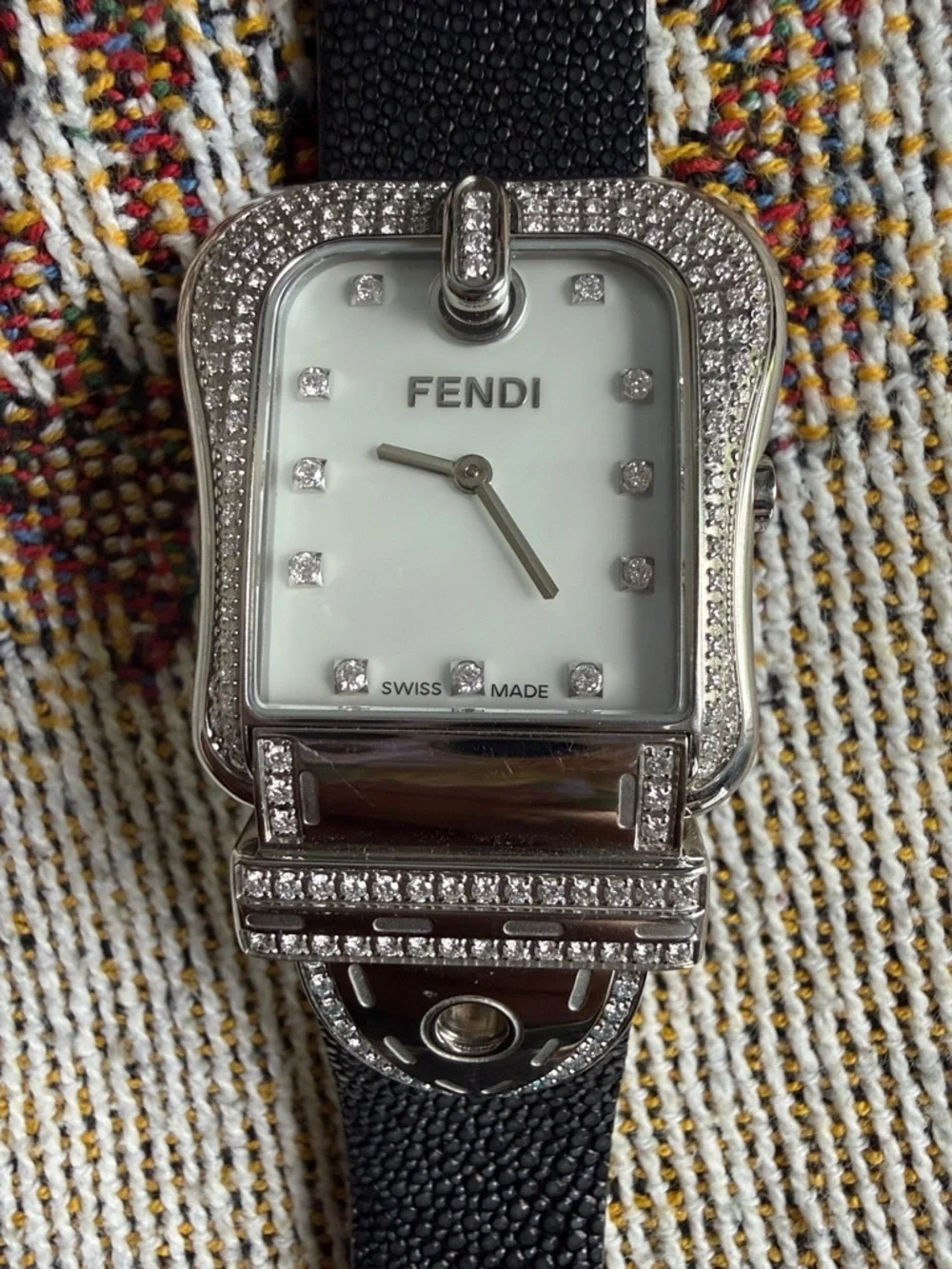 Fendi Black Diamond-Trim Mother-of-Pearl Dial Watch